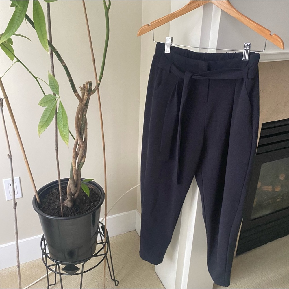ASOS Dark Navy High Waisted Tie Waist Paperbag Pants